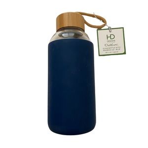 HD DESIGN Glass water bottle w/ bamboo top Navy Blue NWT